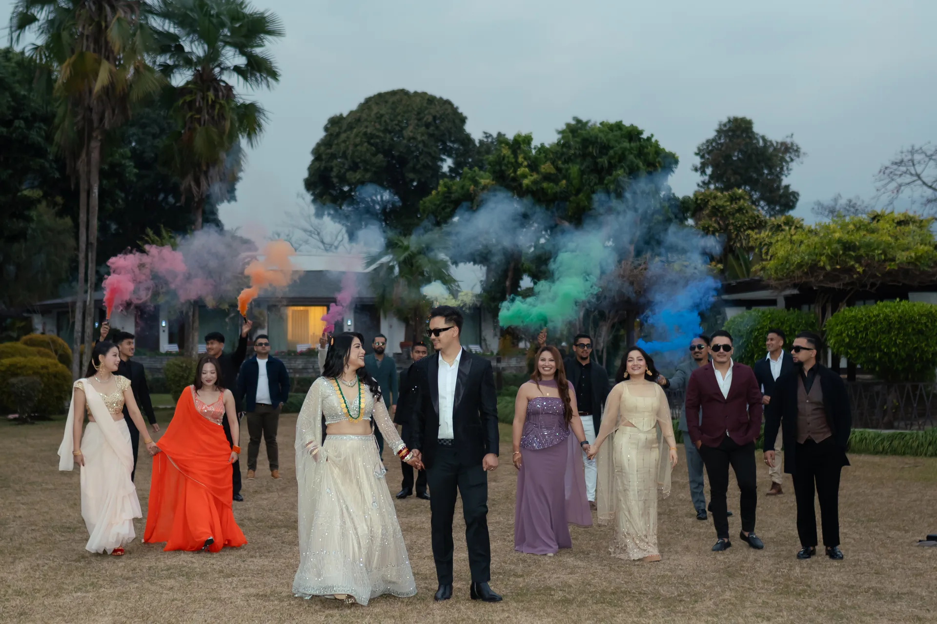 Wedding couple walk outdoor ceremony